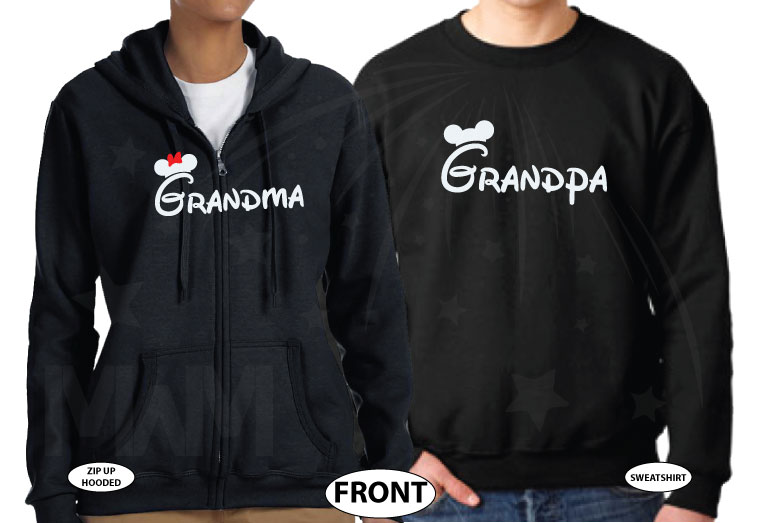 Grandma and Grandpa matching Mickey head Minnie Mouse ears shirts moon etsy store gram abuela grammy, married with mickey, black sweaters