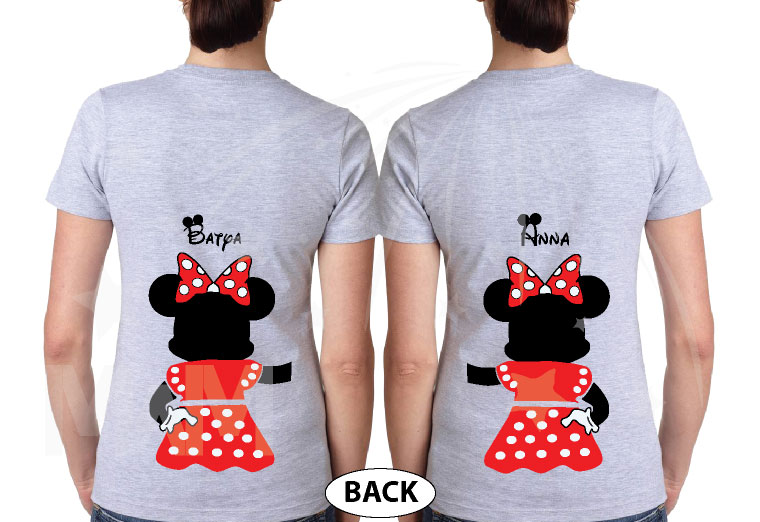 Great gift idea for anniversary LGBTQ Lesbians matching couple shirts Minnie Mouse kissing with cute red bow holding hands etsy 5XL ladies, married with mickey, grey tees