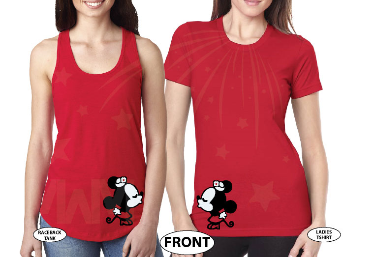 Great gift idea for anniversary LGBTQ Lesbians matching couple shirts Minnie Mouse kissing with cute red bow holding hands etsy 5XL ladies, married with mickey, red tank and tee