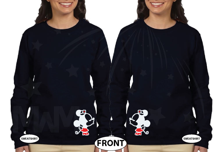 Great gift idea for anniversary LGBTQ Lesbians matching couple shirts Minnie Mouse kissing with cute red bow holding hands etsy 5XL ladies, married with mickey, black sweaters