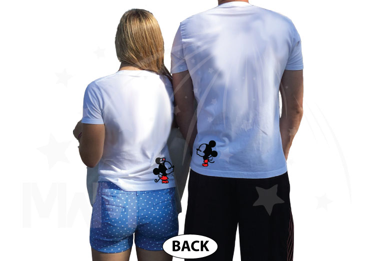 Matching Mickey and Minnie Mouse shirts cute kiss Our first trip together, married with mickey, white tees
