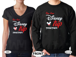 Matching Mickey and Minnie Mouse shirts cute kiss Our first trip together, married with mickey, black sweaters