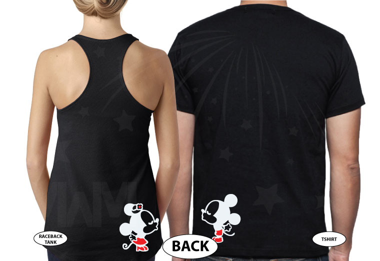 Matching Mickey and Minnie Mouse shirts cute kiss Our first trip together, married with mickey, black tee and tank