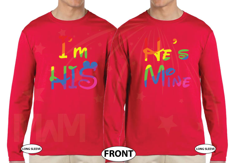 Personalized LGBT Gay matching shirts I'm His and He's Mine with initials and wedding date for men couple moon honeymoon red hoodies, married with mickey, red shirts