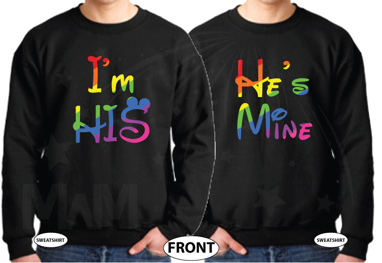 Personalized LGBT Gay matching shirts I'm His and He's Mine with initials and wedding date for men couple moon honeymoon red hoodies, married with mickey, grey sweaters