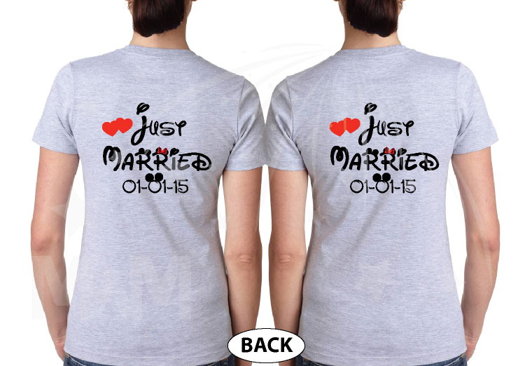 GBT Lesbian Just Married cute couple matching apparel for Mrs with custom text, married with mickey, grey tees