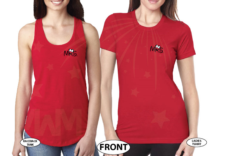 GBT Lesbian Just Married cute couple matching apparel for Mrs with custom text, married with mickey, red tees