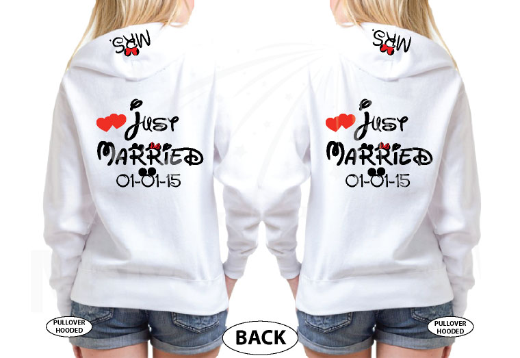 GBT Lesbian Just Married cute couple matching apparel for Mrs with custom text, married with mickey, white hoodies