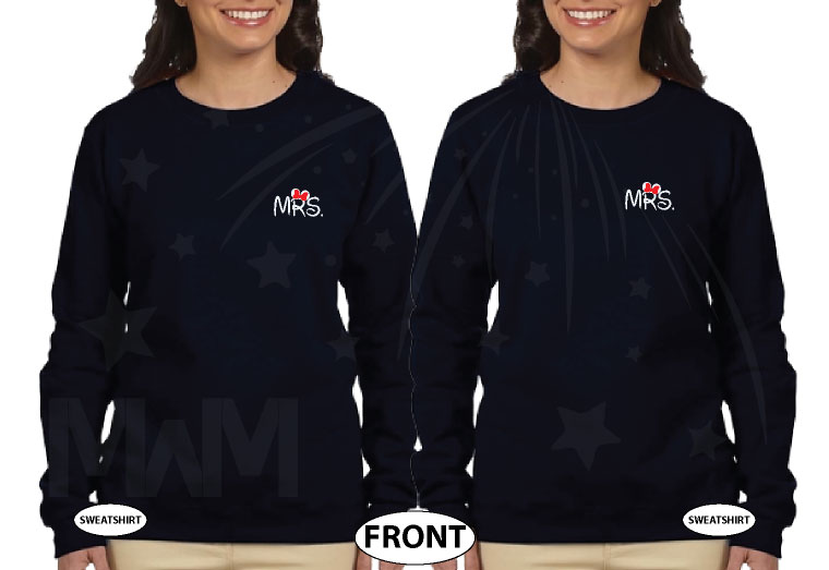 GBT Lesbian Just Married cute couple matching apparel for Mrs with custom text, married with mickey, black sweaters
