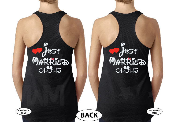 GBT Lesbian Just Married cute couple matching apparel for Mrs with custom text, married with mickey, black tank tops