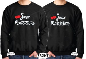 LGBT gay matching apparel for Mr Just Married with cute hearts, married with mickey, black sweaters