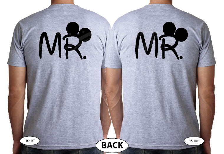 LGBT gay matching apparel for Mr Just Married with cute hearts, married with mickey, grey shirts