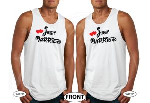 LGBT gay matching apparel for Mr Just Married with cute hearts, married with mickey, white tank tops