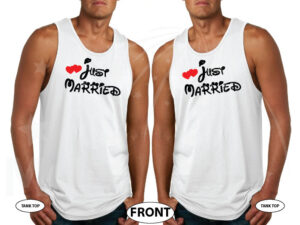 LGBT gay matching apparel for Mr Just Married with cute hearts, married with mickey, white tank tops