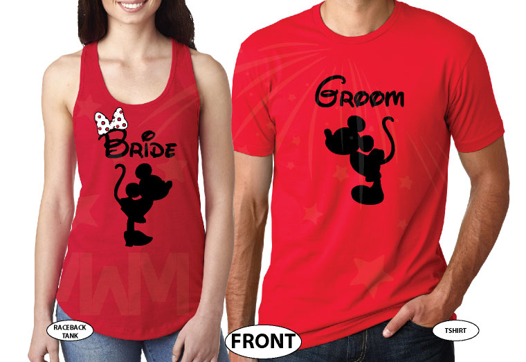 Matching Bride to be and Groom shirts for Just Married cute couple with special wedding date featuring Mickey and Minnie Mouse kissing, married with mickey, red ladies tank top and mens tee