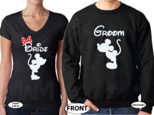 Matching Bride to be and Groom shirts for Just Married cute couple with special wedding date featuring Mickey and Minnie Mouse kissing, married with mickey, black ladies v neck and mens sweater