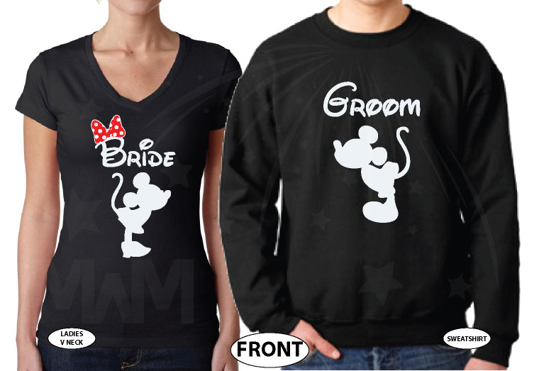 Matching Bride to be and Groom shirts for Just Married cute couple with special wedding date featuring Mickey and Minnie Mouse kissing, married with mickey, black ladies v neck and mens sweater