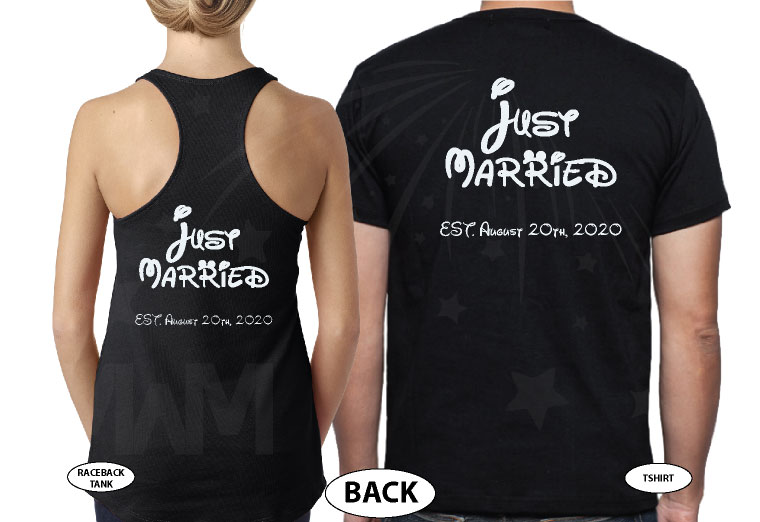 Matching Bride to be and Groom shirts for Just Married cute couple with special wedding date featuring Mickey and Minnie Mouse kissing, married with mickey, black ladies tank top and mens tee