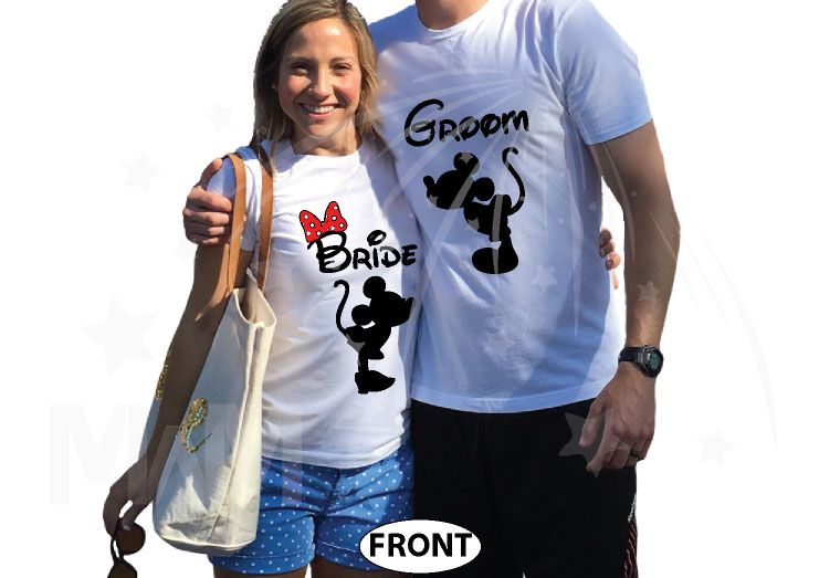 Matching Bride to be and Groom shirts for Just Married cute couple with special wedding date featuring Mickey and Minnie Mouse kissing, married with mickey, white matching tshirts