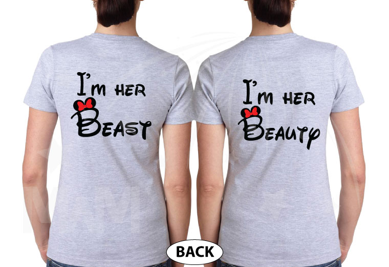 Adorable LGBT Lesbians apparel I'm Her Beast and I'm Her Beauty matching couples t shirts with kissing Minnie Mouse red bow and ears, married with mickey, grey ladies tees