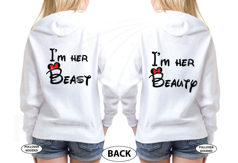 Adorable LGBT Lesbians apparel I'm Her Beast and I'm Her Beauty matching couples t shirts with kissing Minnie Mouse red bow and ears, married with mickey, white unisex hoodies
