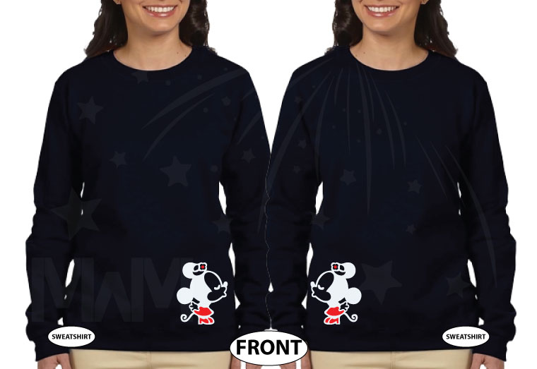 Adorable LGBT Lesbians apparel I'm Her Beast and I'm Her Beauty matching couples t shirts with kissing Minnie Mouse red bow and ears, ladies back sweaters