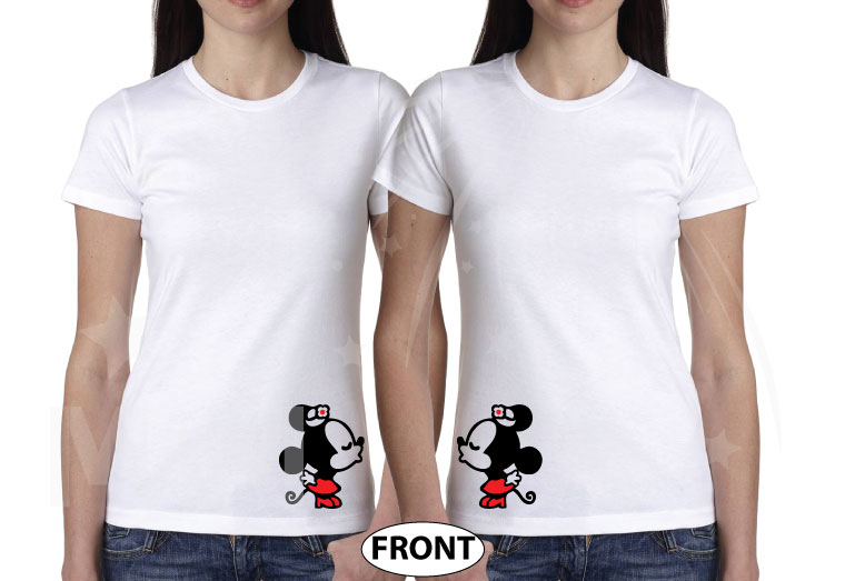 Adorable LGBT Lesbians apparel I'm Her Beast and I'm Her Beauty matching couples t shirts with kissing Minnie Mouse red bow and ears, ladies white tshirts