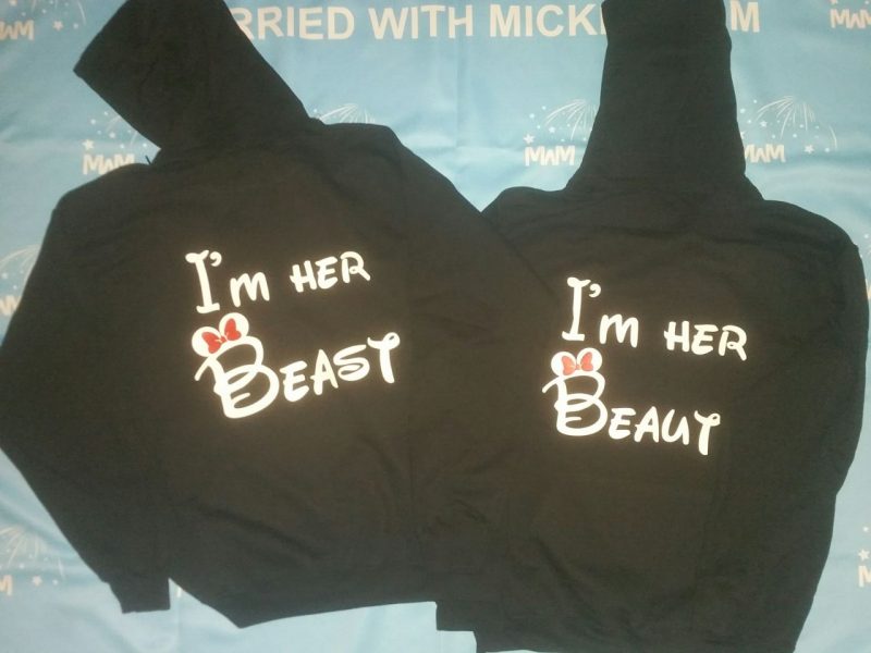 Adorable LGBT Lesbians apparel I'm Her Beast and I'm Her Beauty matching couples t shirts with kissing Minnie Mouse red bow and ears, unisex black hoodies