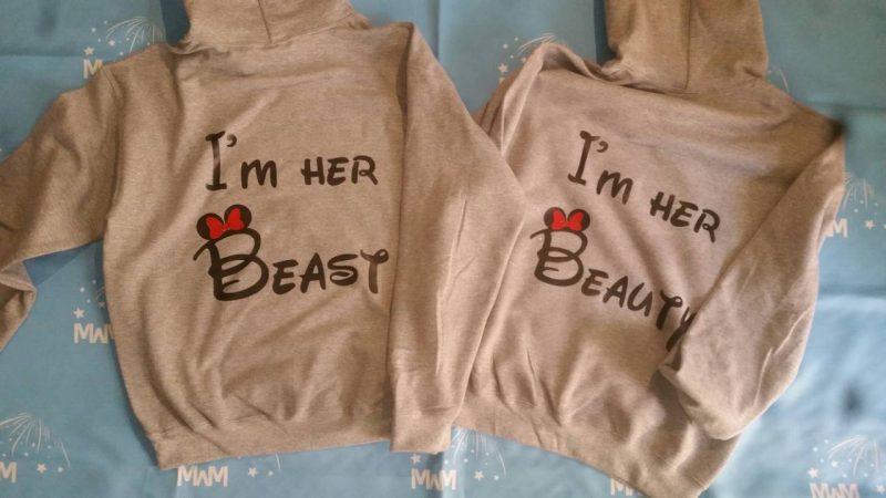 Adorable LGBT Lesbians apparel I'm Her Beast and I'm Her Beauty matching couples t shirts with kissing Minnie Mouse red bow and ears, unisex grey hoodies
