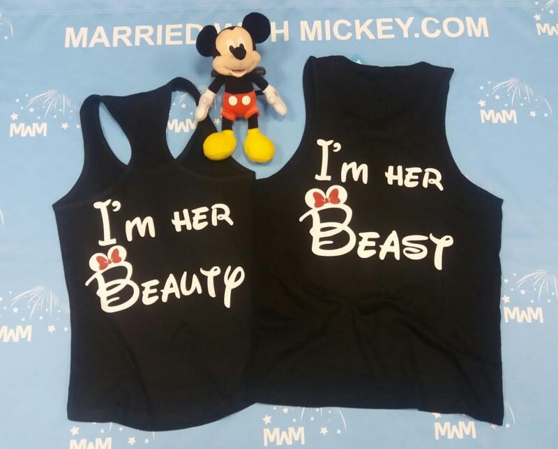 Adorable LGBT Lesbians apparel I'm Her Beast and I'm Her Beauty matching couples t shirts with kissing Minnie Mouse red bow and ears, ladies back tank tops