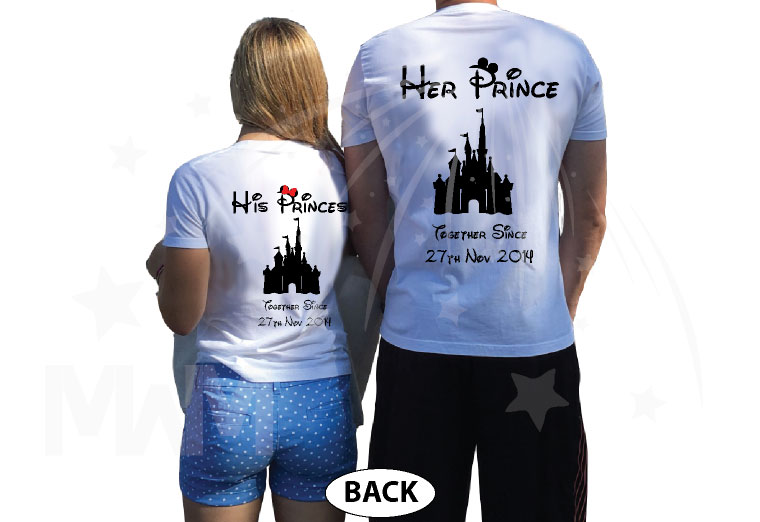 Beauty and the Beast Design matching couple shirts His Princess Her Prince Disney Castle Custom Wedding Date, married with mickey, white tshirts