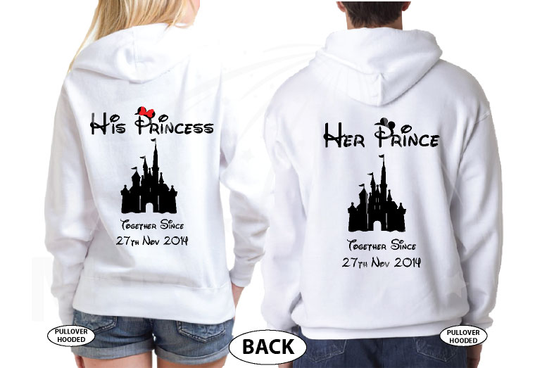 Beauty and the Beast Design matching couple shirts His Princess Her Prince Disney Castle Custom Wedding Date, married with mickey, white hoodies