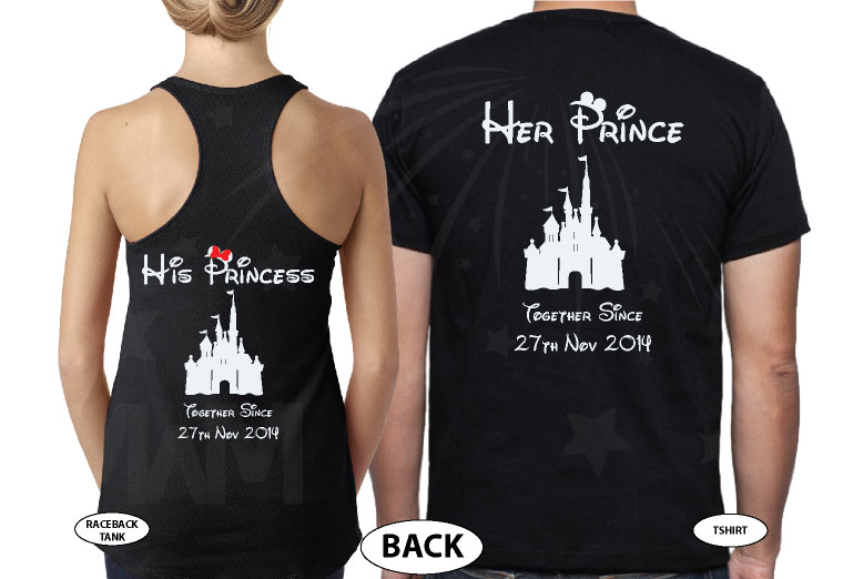 Beauty and the Beast Design matching couple shirts His Princess Her Prince Disney Castle Custom Wedding Date, married with mickey, black shirts