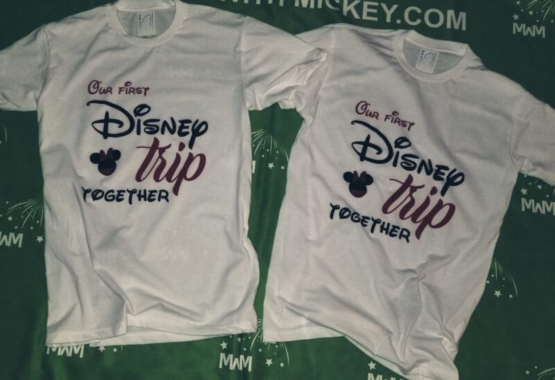 LGBTQ matching Lesbians Disney couple shirts with mini Minnie Mouse cute kiss and Our first Disney trip together disneymoon honeymoon tanks, married with mickey, matching ladies white t-shirts