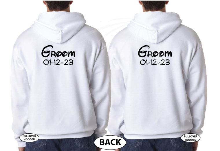500530 LGBT gay matching apparel Groom with custom text date, married with mickey white unisex hoodies
